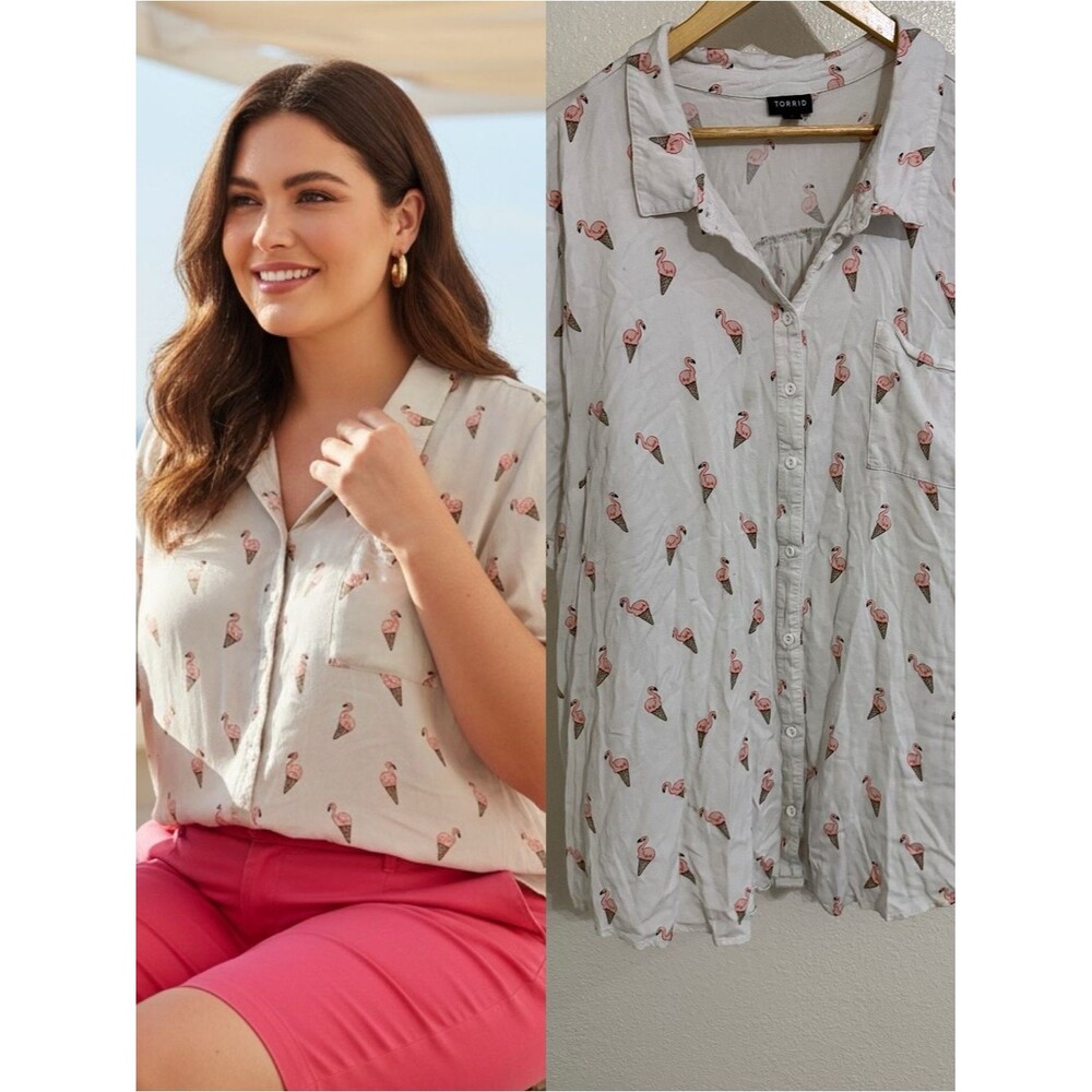 Torrid Flamingo Ice Cream Cone Button Front Shirt Size 6 | blouseTop